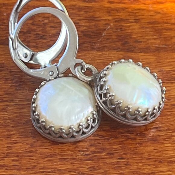 White Pearl Dangle Earrings, Coin Pearl Earrings, Wedding Jewelry - Picture 11 of 11